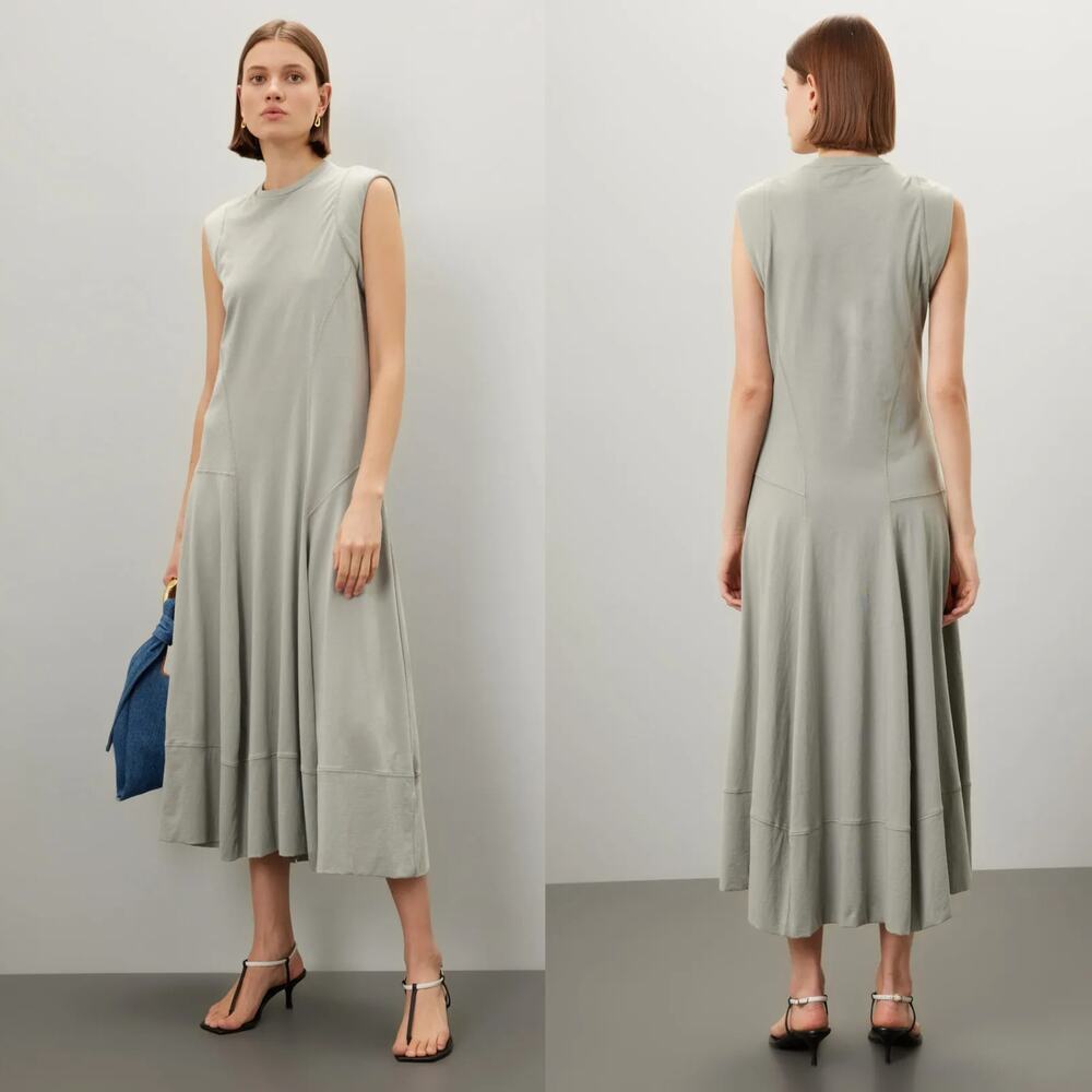 Tibi T Shirt Dress Cotton Seamed Padded Shoulder Cap Sleeve Midi Pumice Grey M